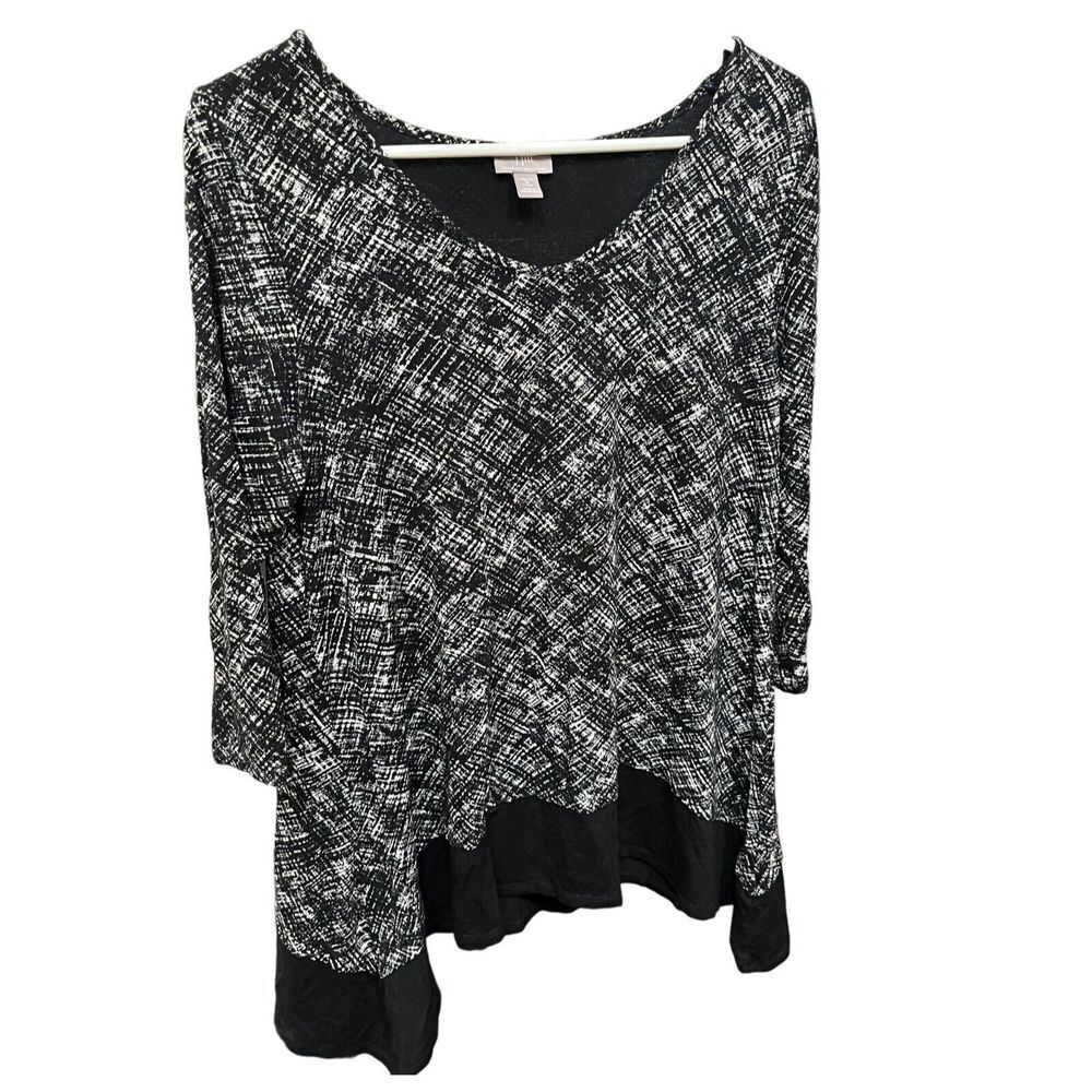 J Jill Blouse Womens M‎ Black White Tank Knit Flowy Top Shirt Stretch 3/4 Sleeve